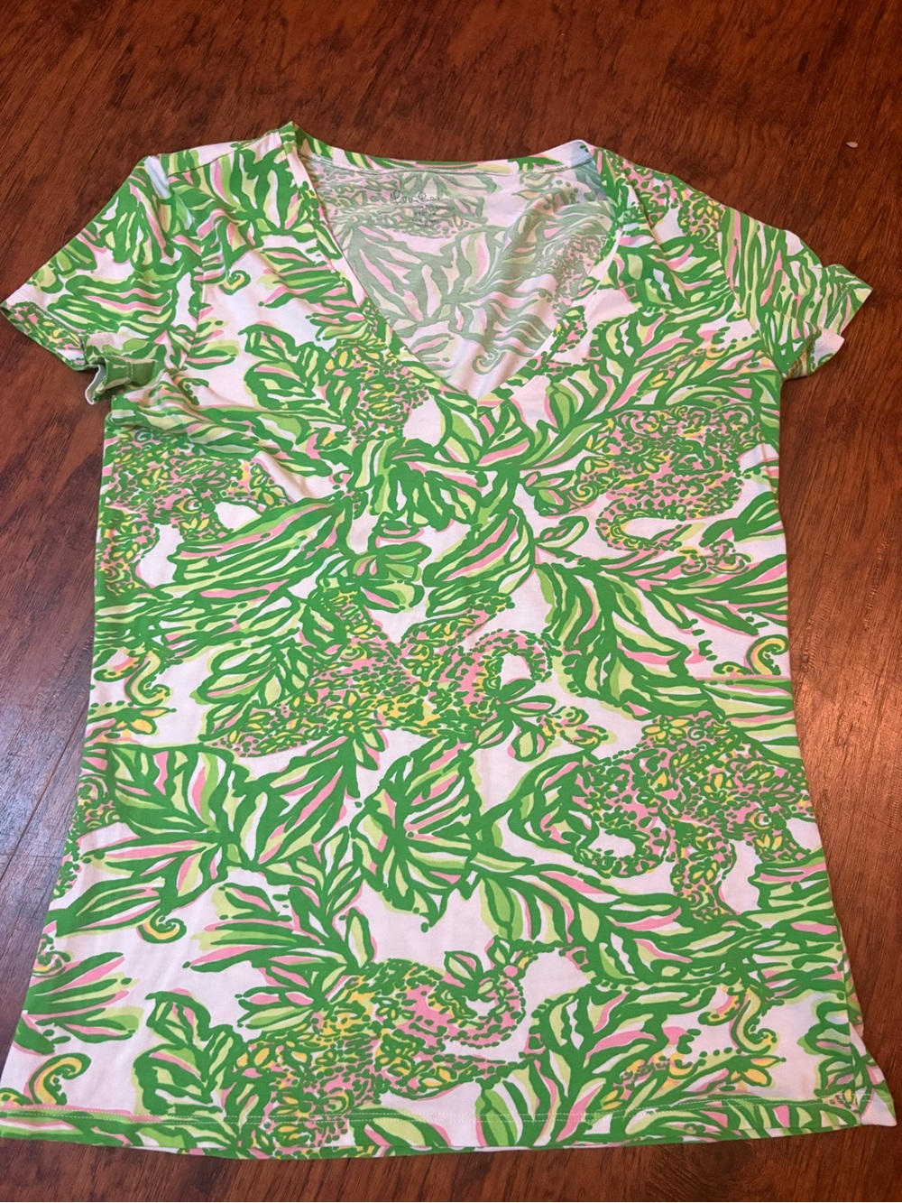 Lilly Pulitzer Green and Pink Floral V-Neck Short Sleeve Top